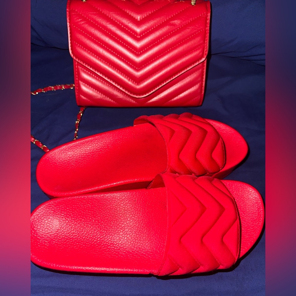 Red crossbody and matching stacked slides